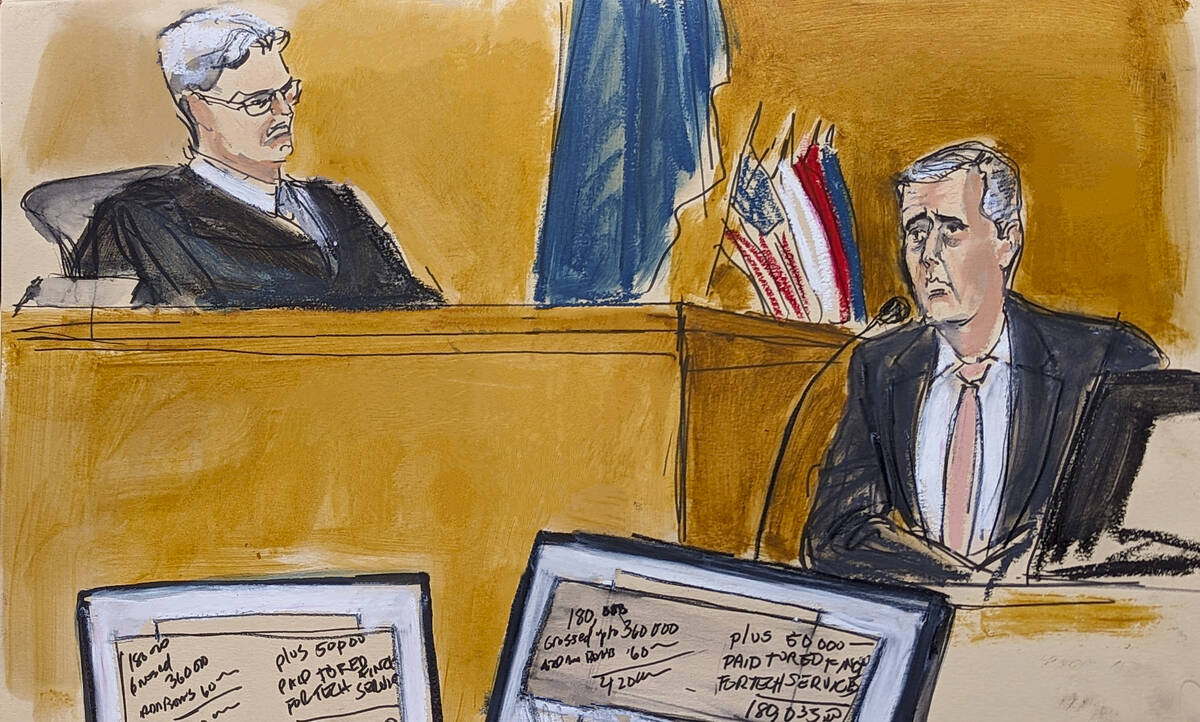 Michael Cohen, left, testifies on the witness stand in Manhattan criminal court about the calcu ...