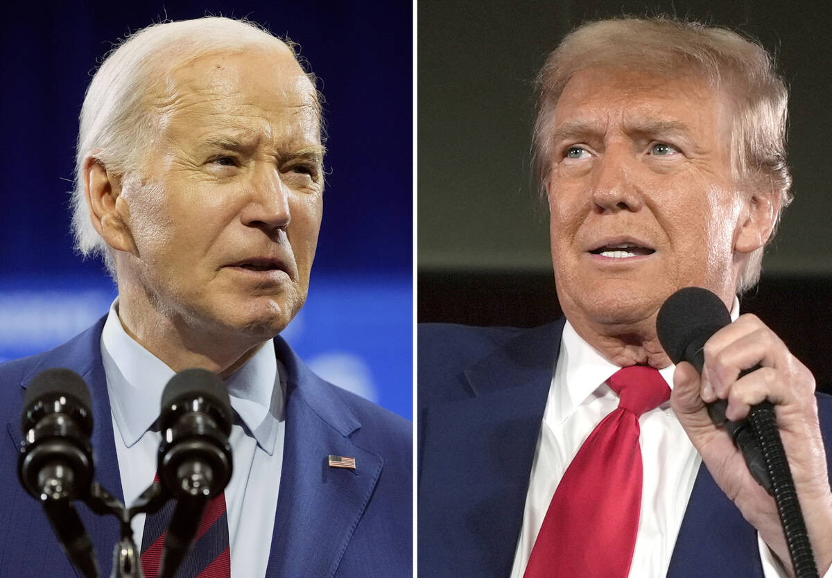 In this combination photo, President Joe Biden speaks May 2, 2024, in Wilmington, N.C., left, a ...