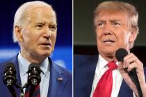 In this combination photo, President Joe Biden speaks May 2, 2024, in Wilmington, N.C., left, a ...