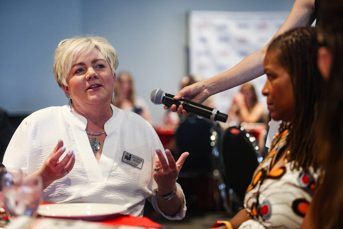 Review-Journal’s 7@7 Digital Anchor Cynthia Puga asks a question of one of the judges, K ...