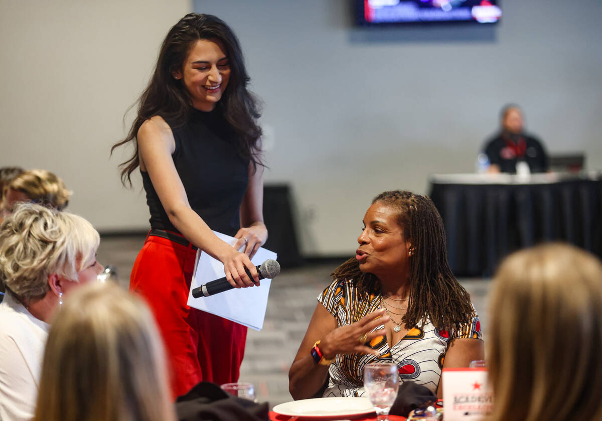 Review-Journal’s 7@7 Digital Anchor Cynthia Puga asks a question of one of the judges, D ...