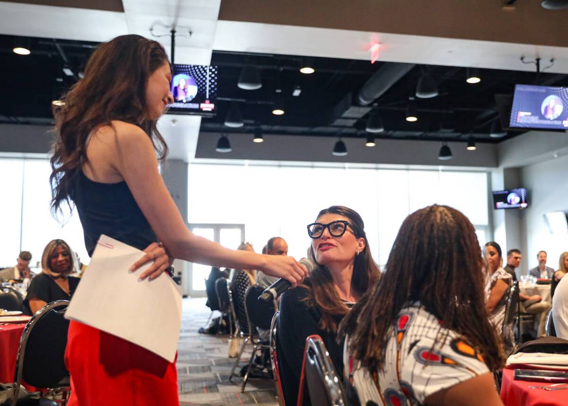 Review-Journal’s 7@7 Digital Anchor Cynthia Puga asks a question of one of the judges, K ...