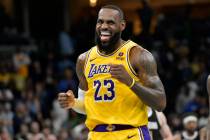 Los Angeles Lakers forward LeBron James (23) looks toward the Memphis Grizzlies' bench during t ...