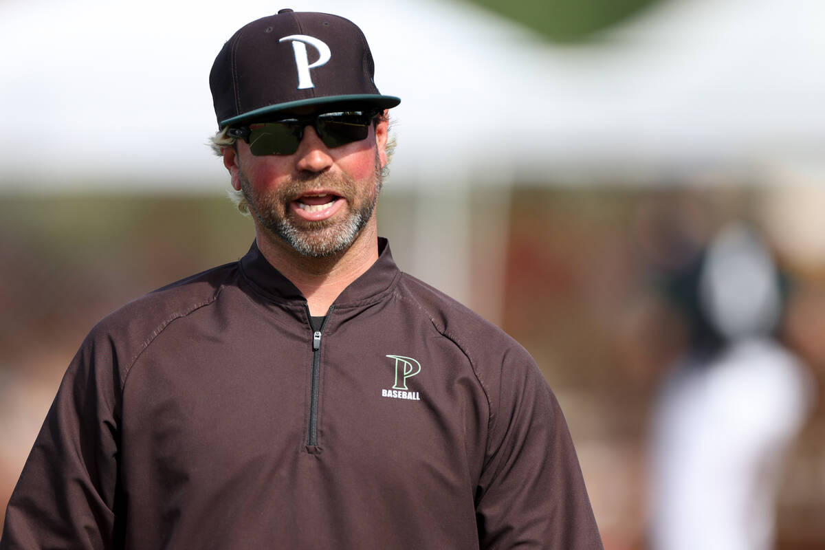 Palo Verde head coach Dustin Romero talks to the bench during a Class 5A baseball state tournam ...