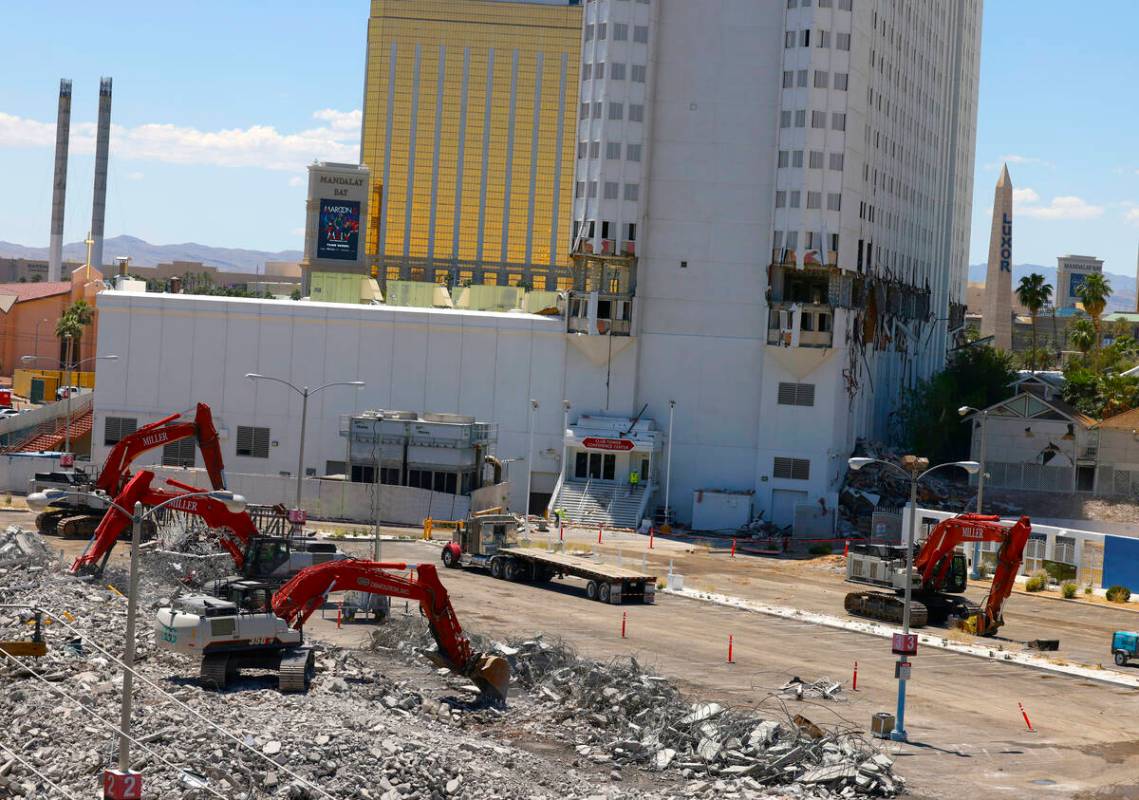 Demolition continues at the Tropicana on Monday, May 13, 2024, in Las Vegas. (Bizuayehu Tesfaye ...