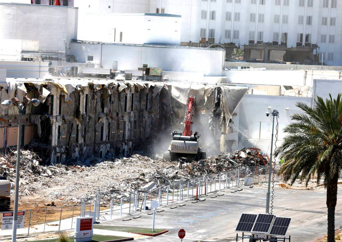 Demolition continues at the Tropicana on Monday, May 13, 2024, in Las Vegas. (Bizuayehu Tesfaye ...
