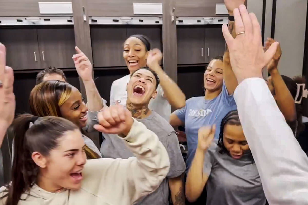 Members of the Las Vegas Aces celebrate after LVCVA CEO and President Steve Hill announced a $1 ...