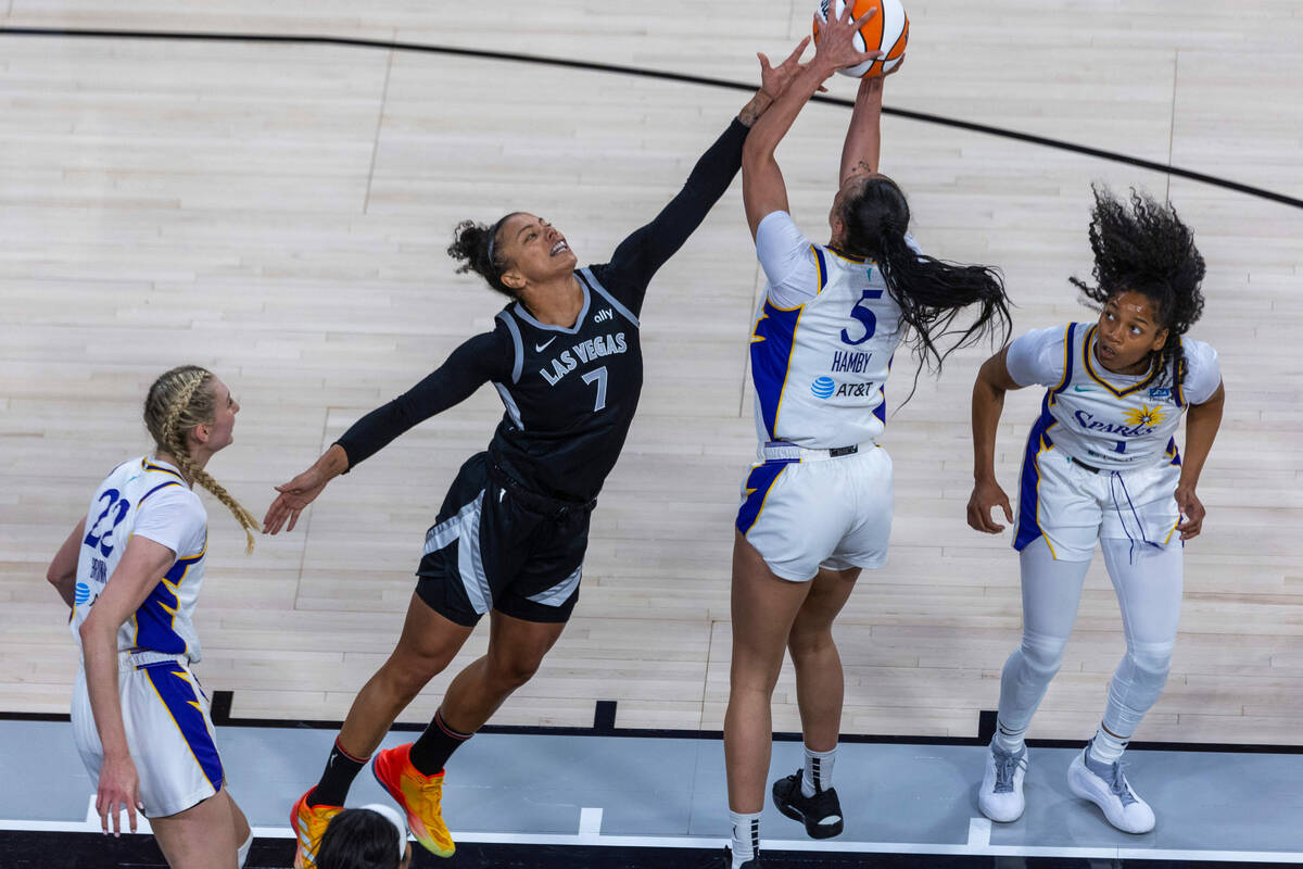 Aces forward Alysha Clark (7) looks to block a shot by Los Angeles Sparks forward Dearica Hamby ...