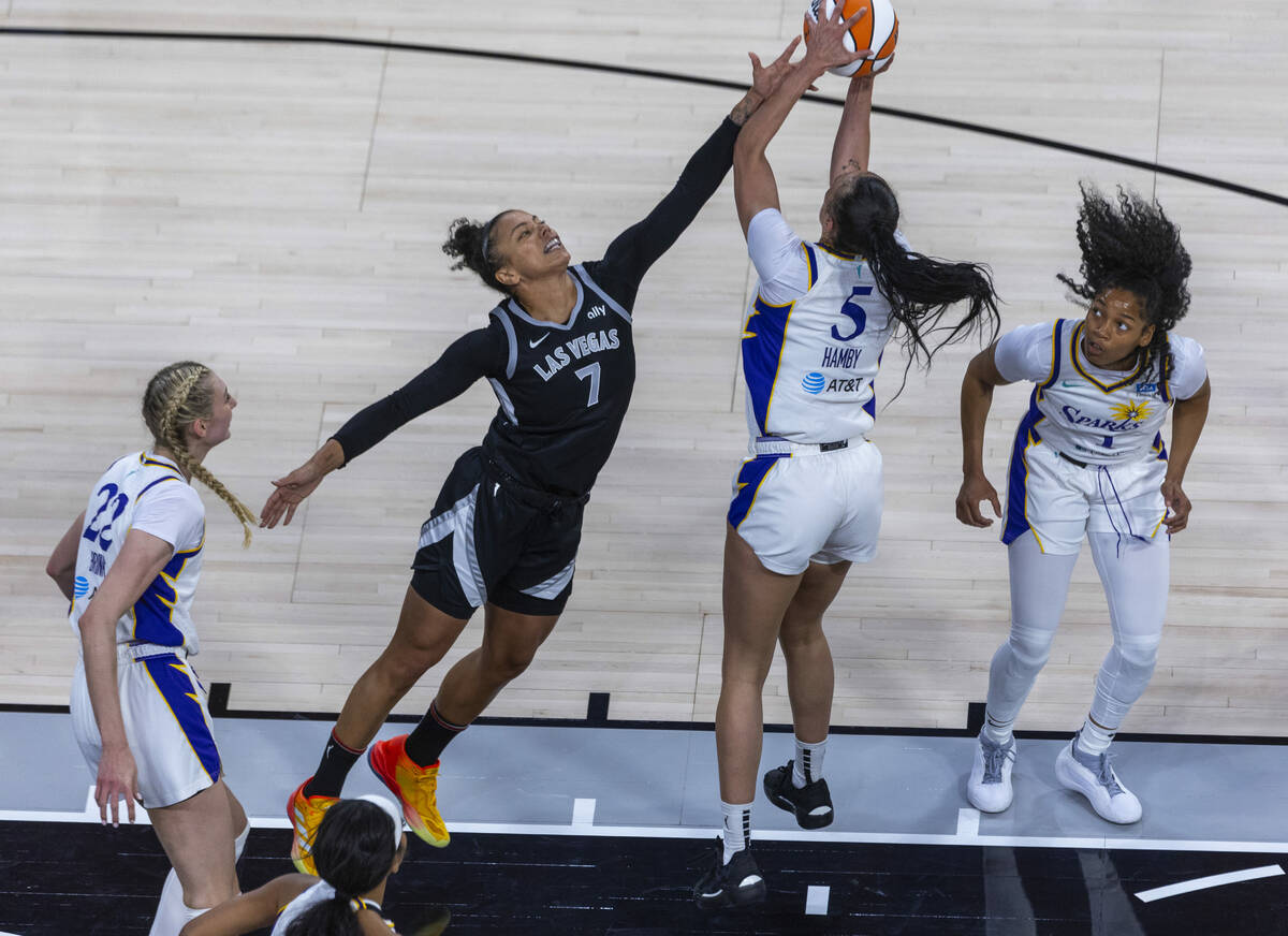 Aces forward Alysha Clark (7) looks to block a shot by Los Angeles Sparks forward Dearica Hamby ...