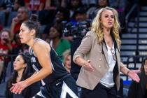 Aces coach Becky Hammon reacts during the second half of their NBA game at the Michelob Ultra A ...