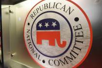 FILE - The Republican National Committee logo is shown on the stage at the North Charleston Col ...