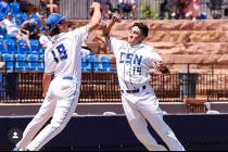 CSN infielder Nicky Garritano (14) celebrates with pitcher Hunter Alberini. (CSN)