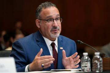 Education Secretary Miguel Cardona testifies during a Senate Appropriations Subcommittee on Lab ...