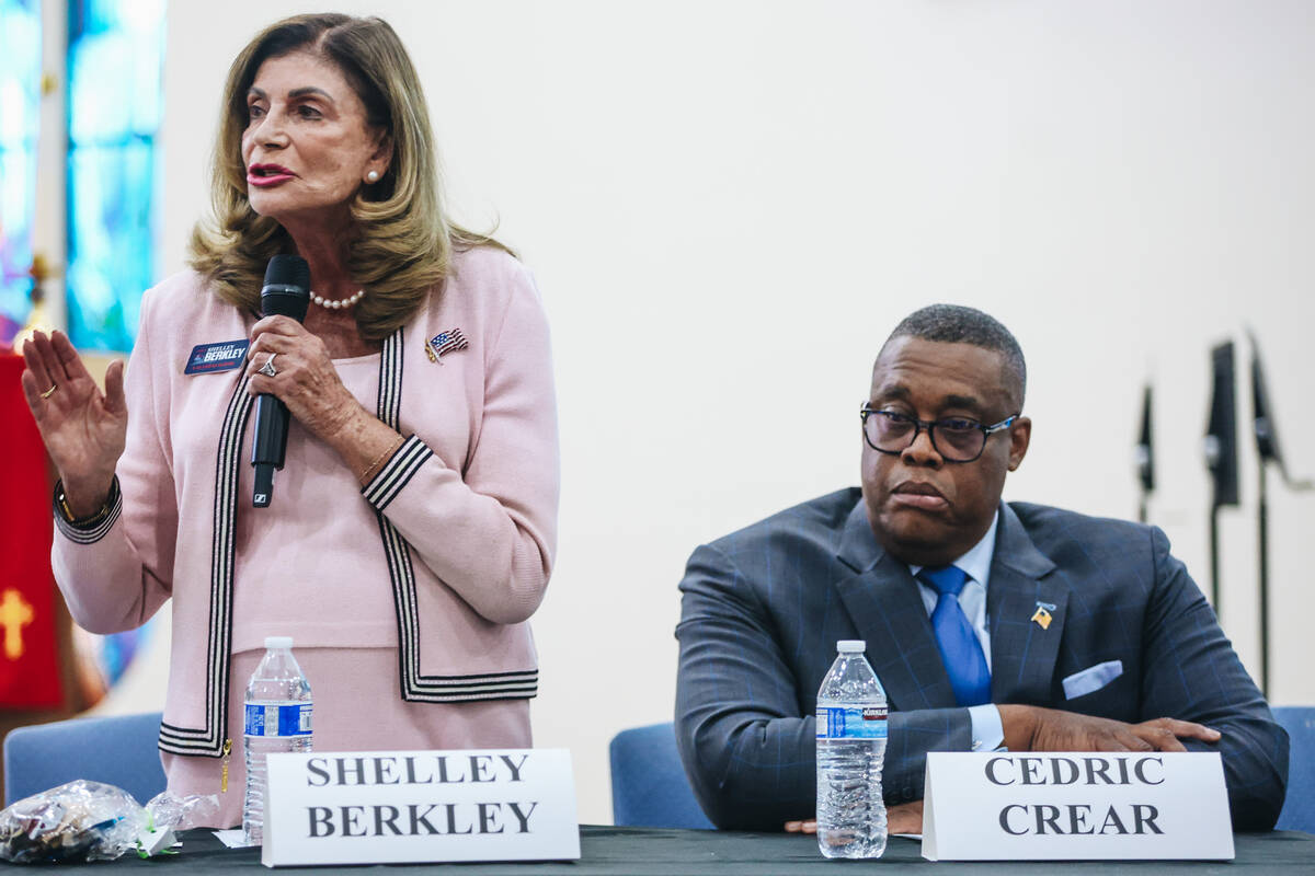Mayoral candidate and former U.S. representative Shelley Berkley, right, speaks as fellow candi ...