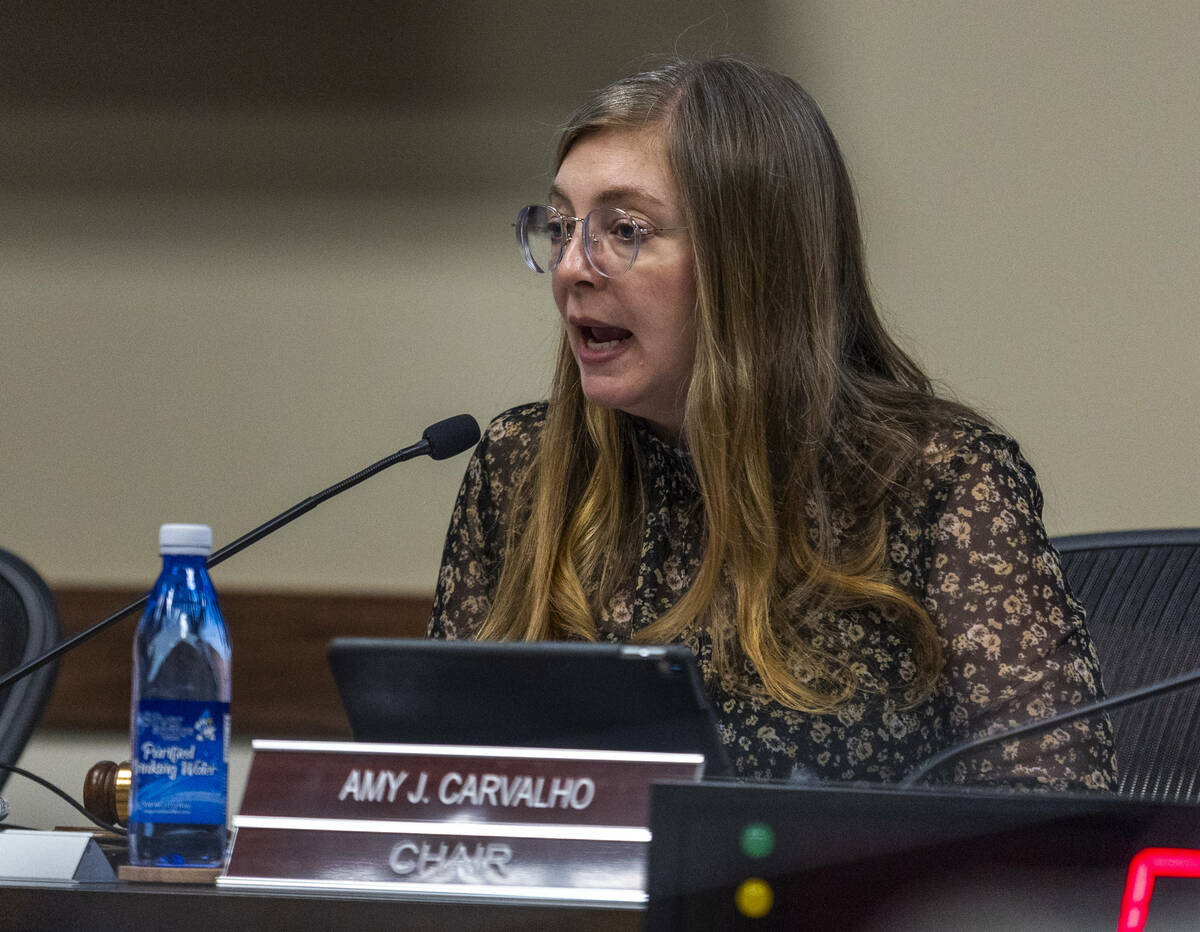 Chairwoman Amy Carvalho addresses the room during NSHE Board of Regents meeting where pro-Israe ...