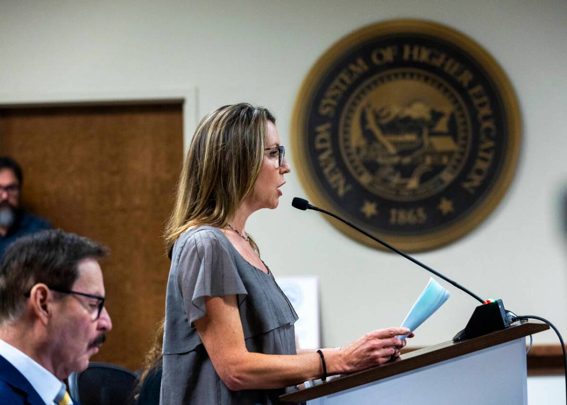 Jennifer Sher with Jewish Nevada speaks during NSHE Board of Regents meeting public comment por ...