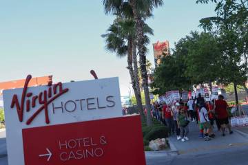 Hospitality workers demonstrate on the second day of their strike outside Virgin Hotels Las Veg ...