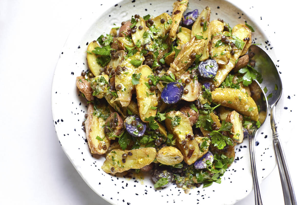 This image shows a recipe for potato salad with leeks, lentils and a citrus vinaigrette. (Patri ...