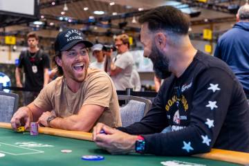 The Golden Knights Jonathan Marchessault shares a laugh while playing poker with Daniel Negrean ...