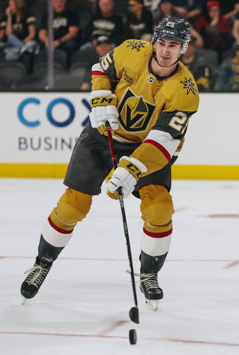 Golden Knights forward Matyas Sapovaliv shuffles the puck across the ice during a rookie camp g ...
