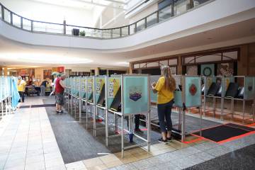 Voters cast their ballots during the early voting period at a polling location at the Galleria ...