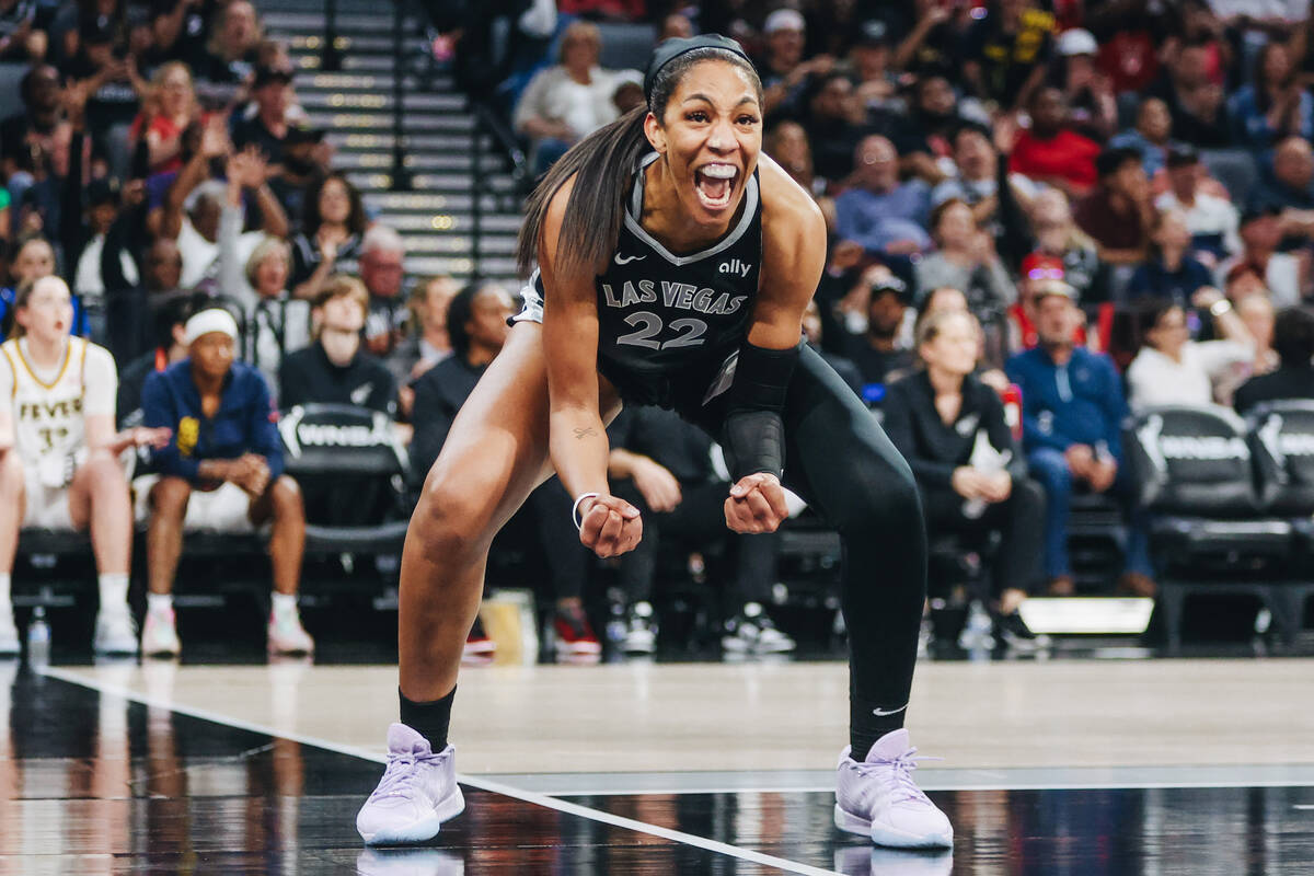Aces center A'ja Wilson (22) celebrates during a game between the Aces and Indiana Fever at Mic ...