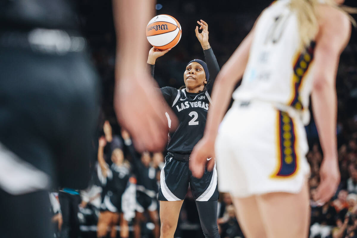 Aces guard Dyaisha Fair (2) aims for a three point shot during a game between the Aces and Indi ...