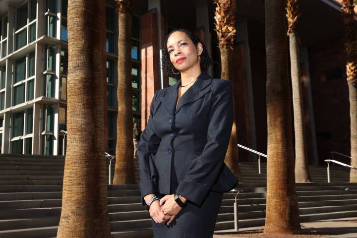 Erika Ballou, a District Court judge, poses for a portrait outside of the Regional Justice Cent ...