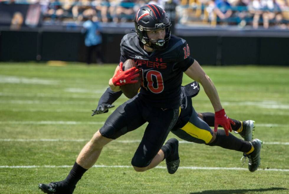 Vipers wide receiver Mathew Sexton (10) runs during an XFL game in April 2023 in Las Vegas. (He ...