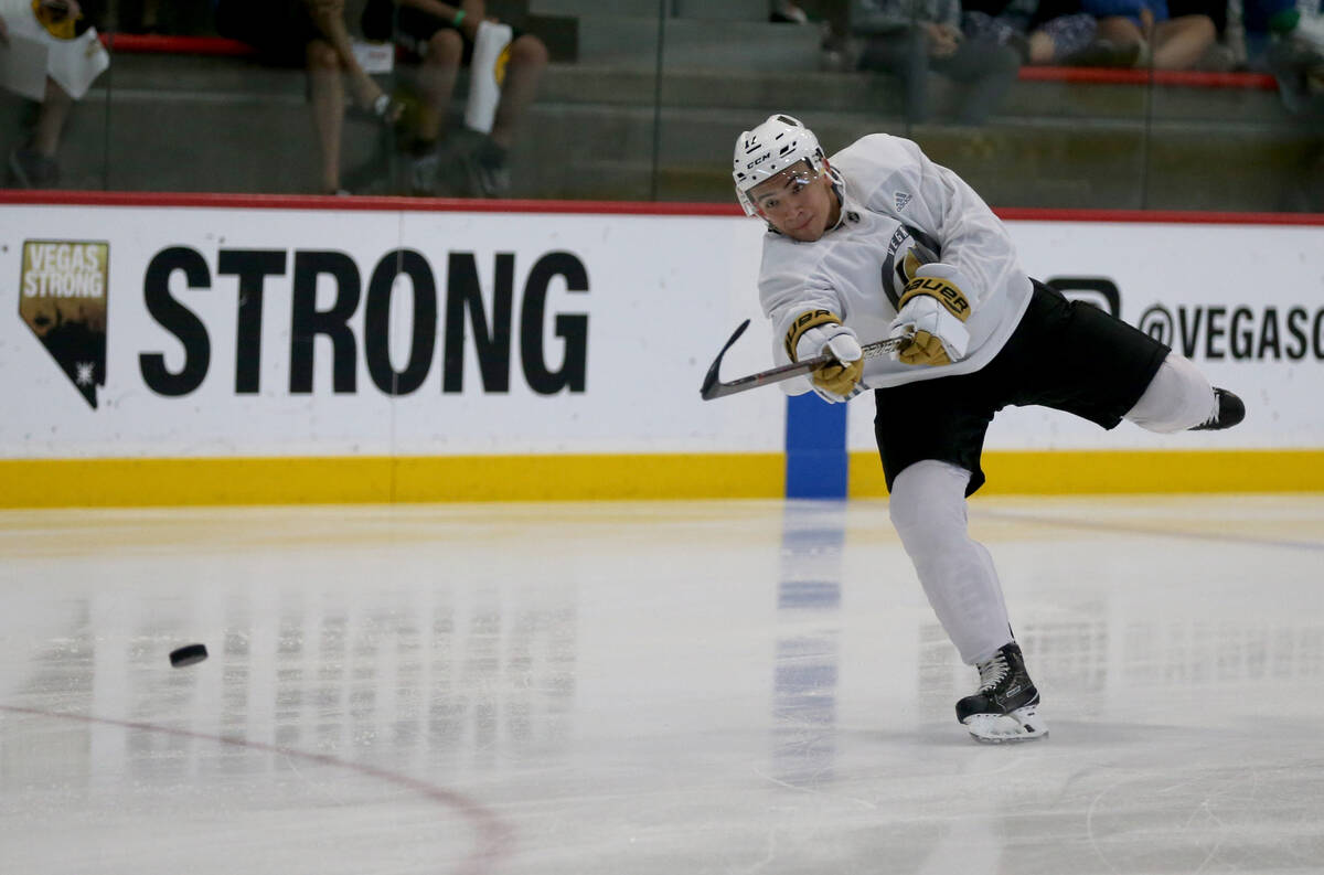 Vegas Golden Knights forward Nick Suzuki shoots during the first day of development camp at Cit ...