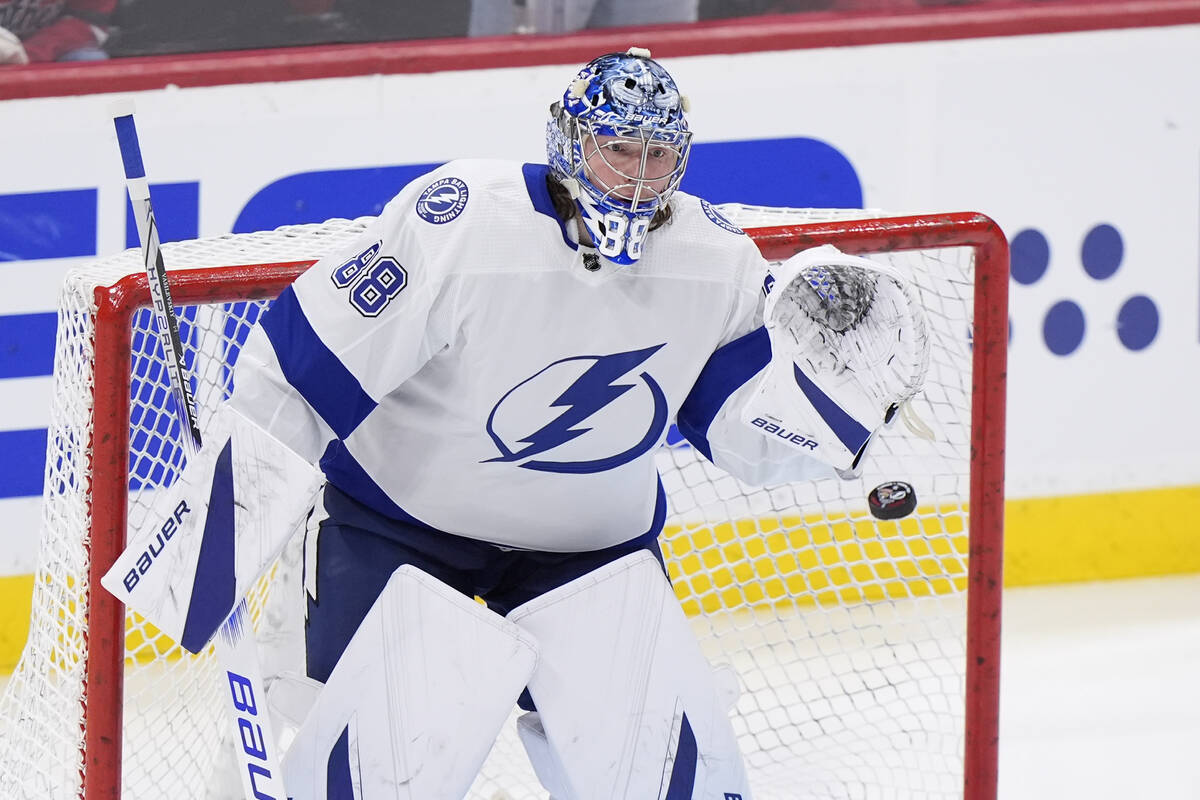 Tampa Bay Lightning goaltender Andrei Vasilevskiy warms up before the start of Game 5 of the fi ...