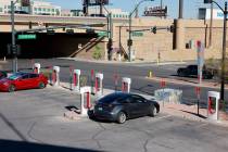 Electric vehicles charge at the Las Vegas North Premium Outlets. (Las Vegas Review-Journal)