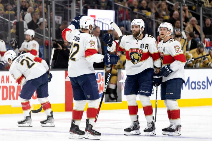 The Florida Panthers celebrate after Panthers defenseman Aaron Ekblad (5) scored during the sec ...