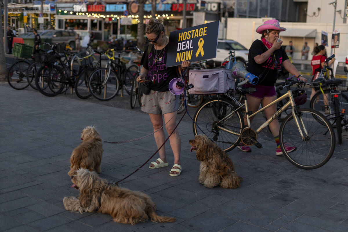 A Demonstrator holds sign during a protest calling for the release of the hostages from Hamas c ...