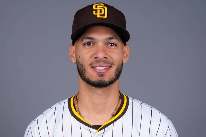 San Diego Padres baseball infielder Tucupita Marcano poses for a photo Feb. 20, 2024, in Peoria ...