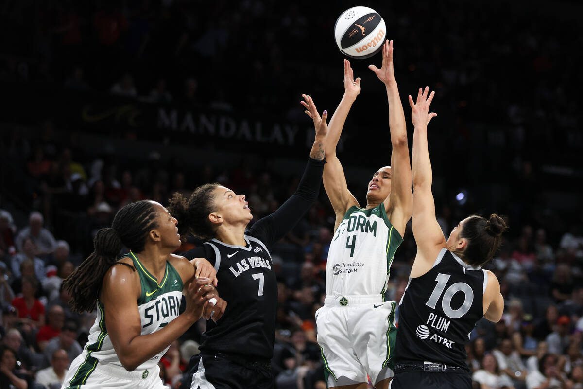 Seattle Storm guard Skylar Diggins-Smith (4) shoots against Las Vegas Aces forward Alysha Clark ...
