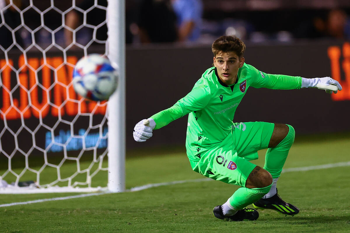 Miami FC goaltender Felipe Rodriguez watches a Las Vegas Lights FC ball soar past him during a ...