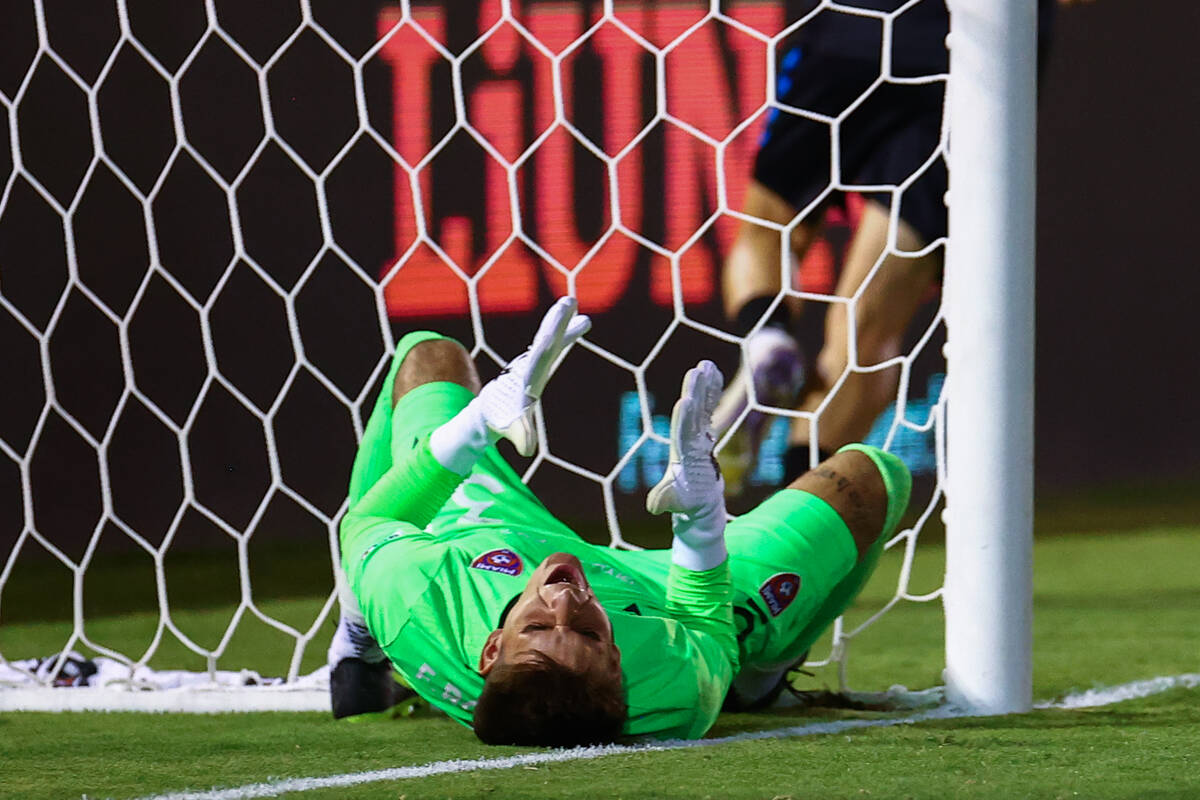 Miami FC goaltender Felipe Rodriguez reacts after the Las Vegas Lights FC scored a goal during ...