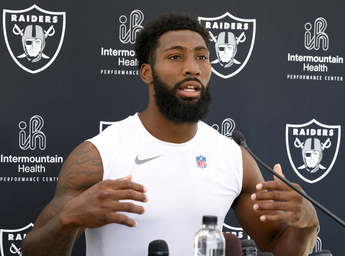 Raiders cornerback Nate Hobbs addresses the media after an NFL football practice at the Intermo ...