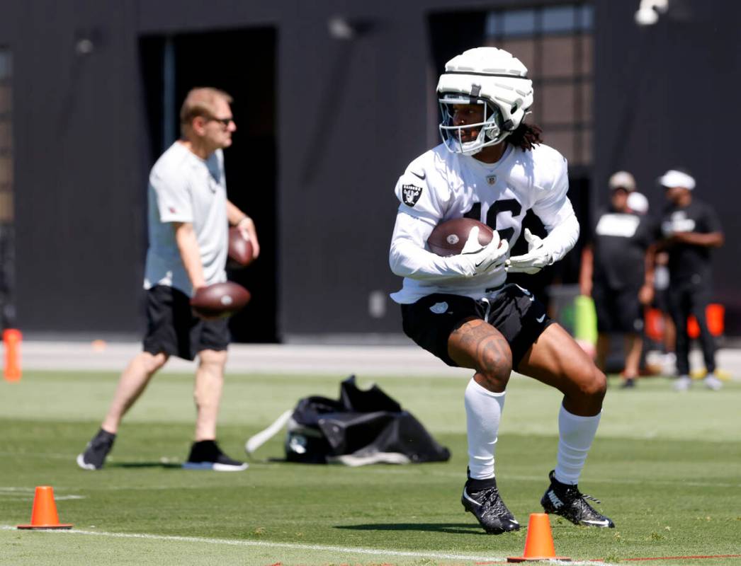 Raiders wide receiver Jakobi Meyers (16) runs through drills during organized team activities a ...