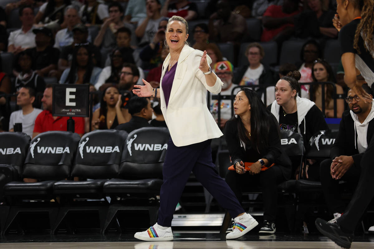 Las Vegas Aces head coach Becky Hammon shouts at a referee during the first half of a WNBA bask ...