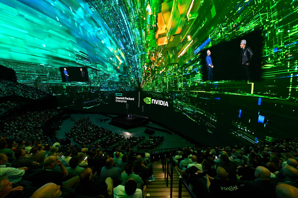 HPE CEO Antonio Neri and Nvidia co-founder and CEO Jensen Huang on stage at HPE Discover 2024 o ...