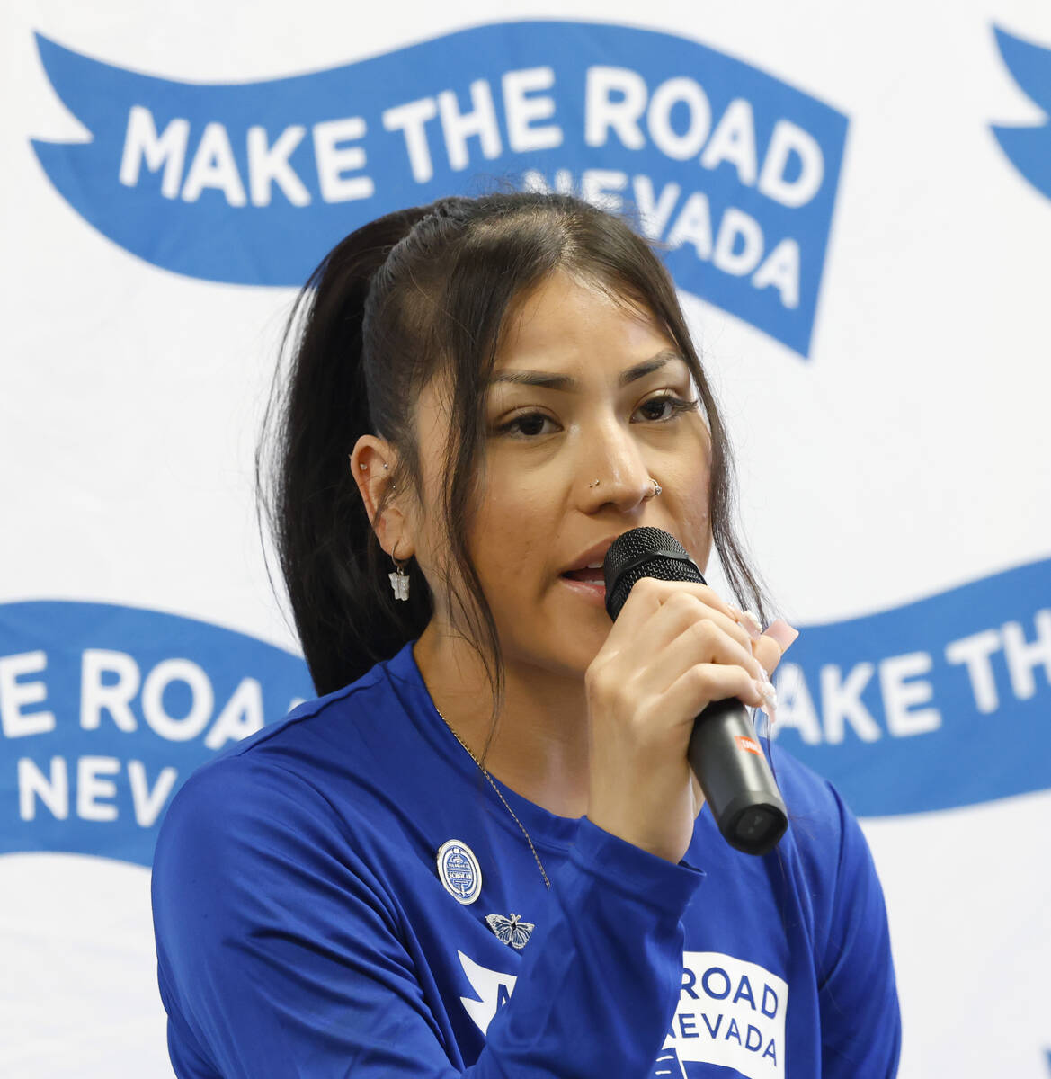 Reyna Valdivies, of Make the Road Nevada, speaks during a press conference, on Monday, June 17, ...