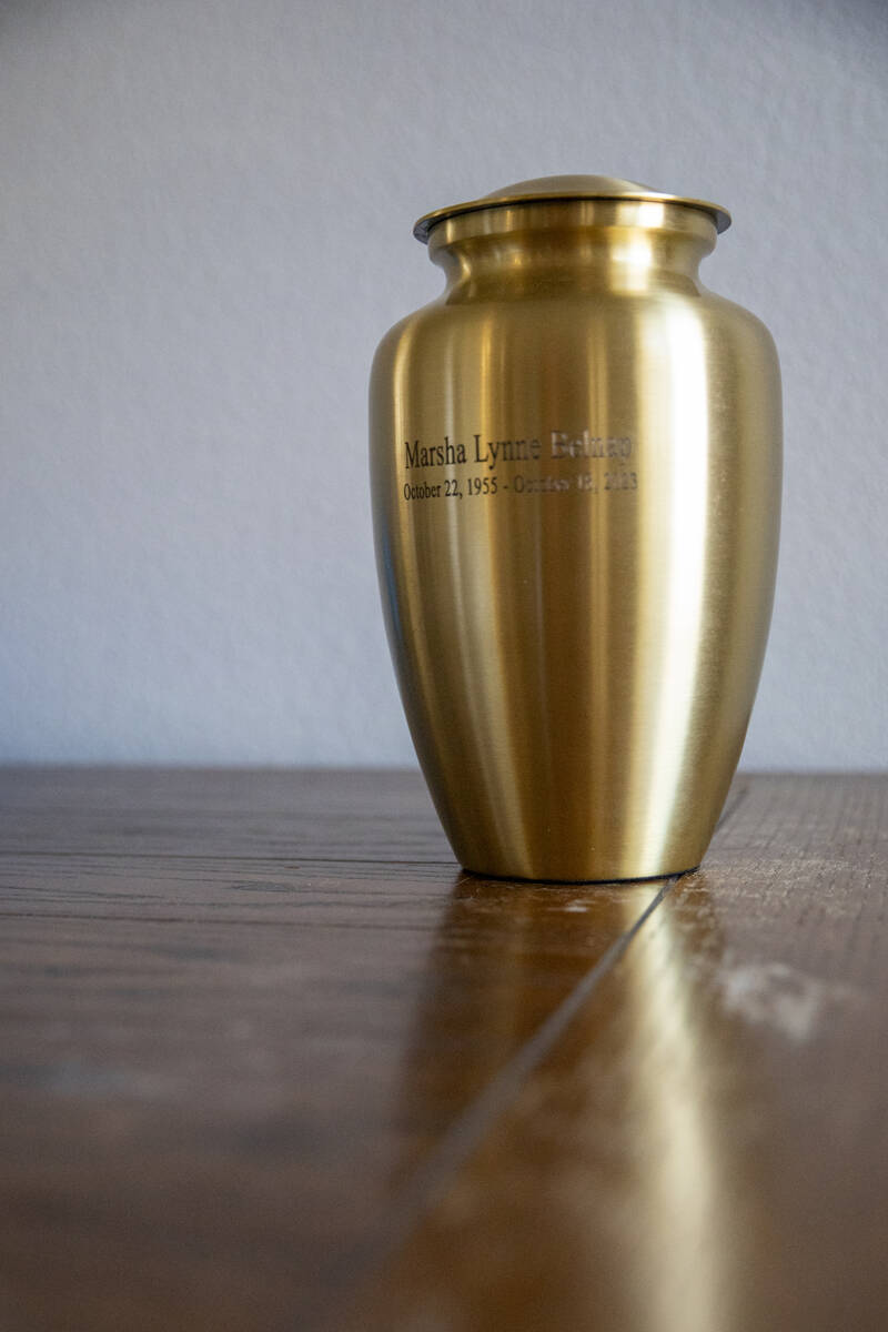 An urn containing the remains of Marsha Belnap is seen at James Belnap’s house on Monday ...