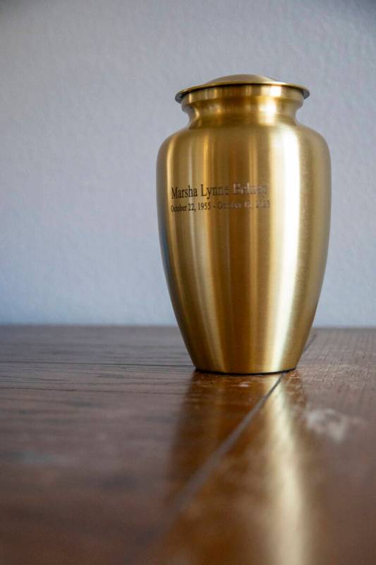 An urn containing the remains of Marsha Belnap is seen at James Belnap’s house on Monday ...