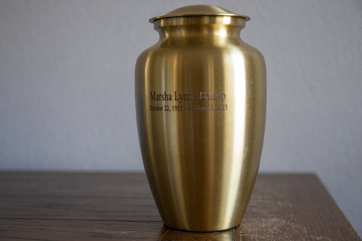 An urn containing the remains of Marsha Belnap is seen at James Belnap’s house on Monday ...