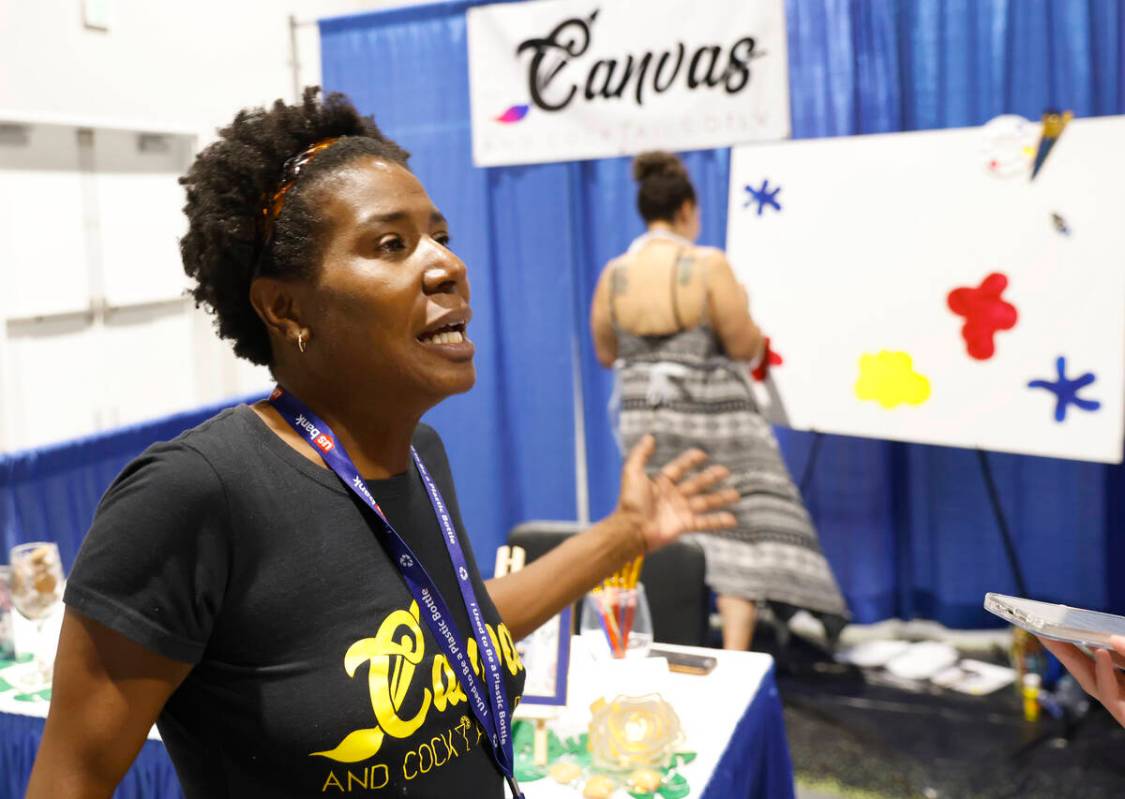 Shantalle Caldwell, owner of Canvas and Cocktails, speaks during an interview with the Review-J ...