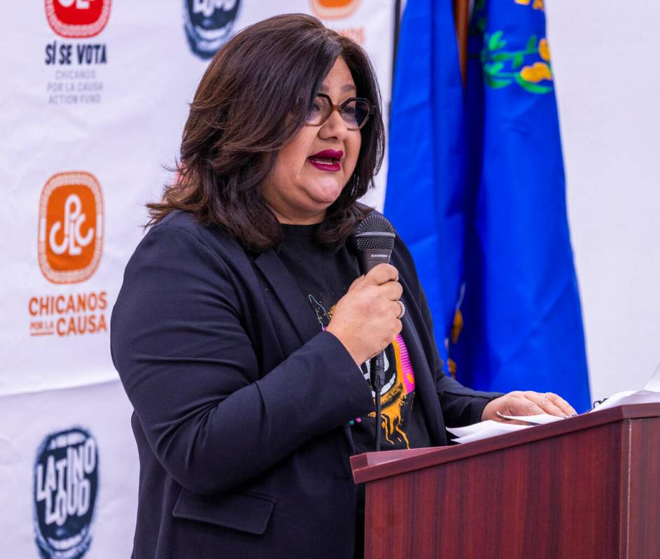 Alicia Nunez speaks during the 2024 Latino Loud nonpartisan voter registration, engagement and ...