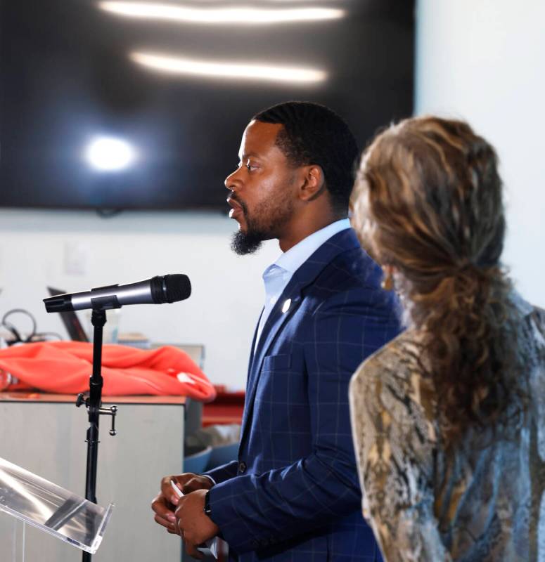 County Commissioner William McCurdy II, speaks during a press conference as Elaine Labalme, com ...