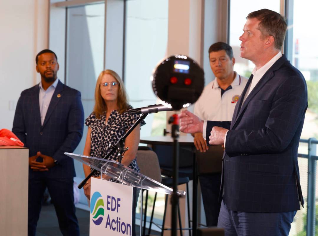Environmental Defense Fund (EDF) Action President David Kieve, right, speaks about false and mi ...